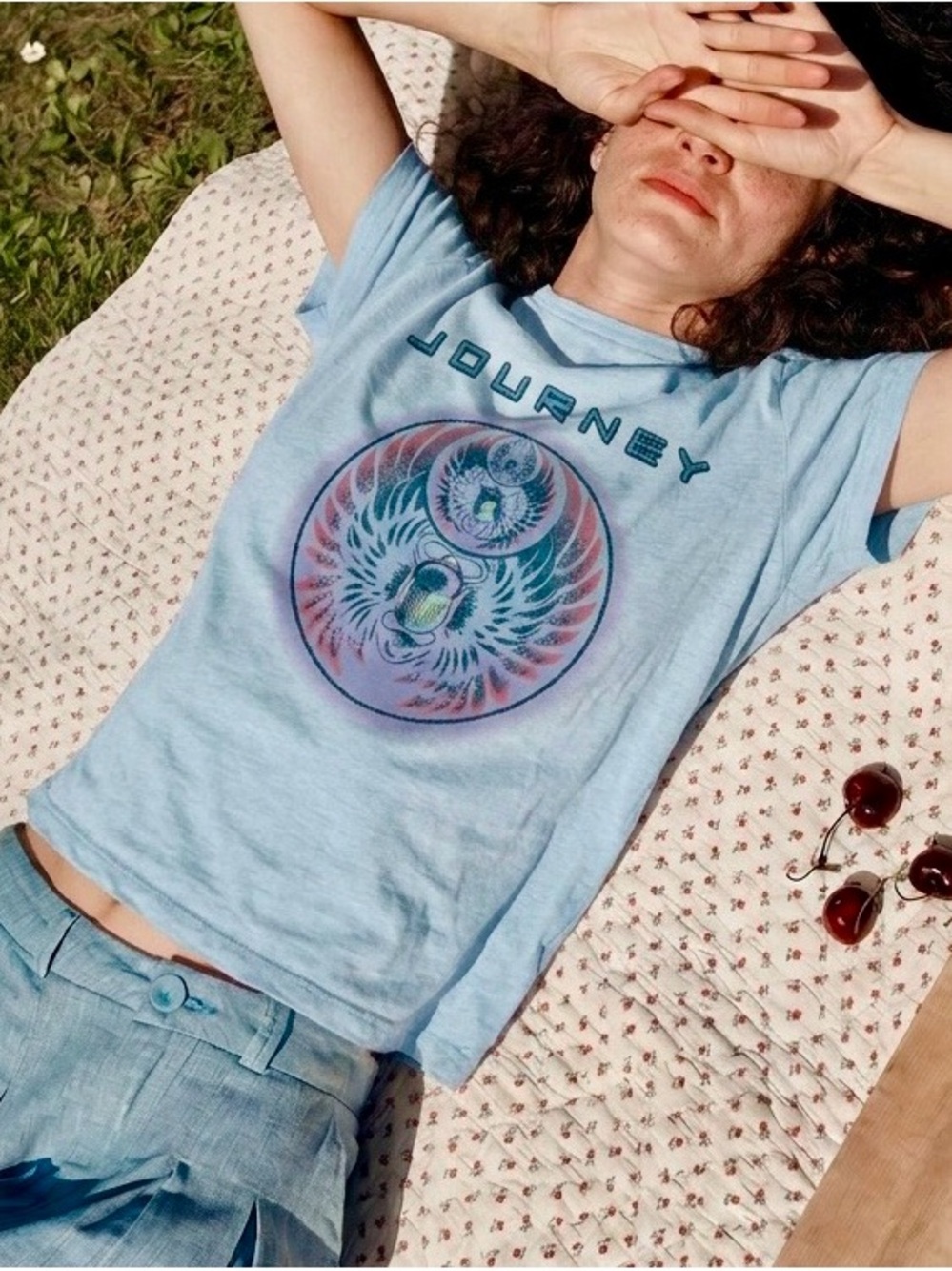 Lucky Brand Light Blue Graphic Tee with Dark Print - L